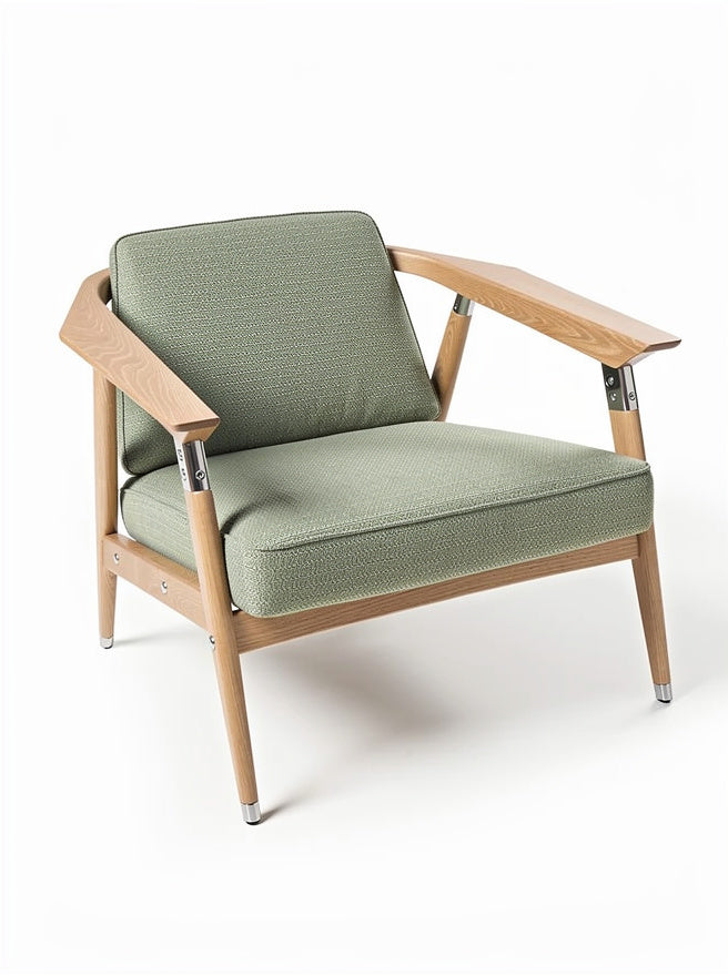 Modernes Design-Sessel mit Holzrahmen und grünem Stoffbezug