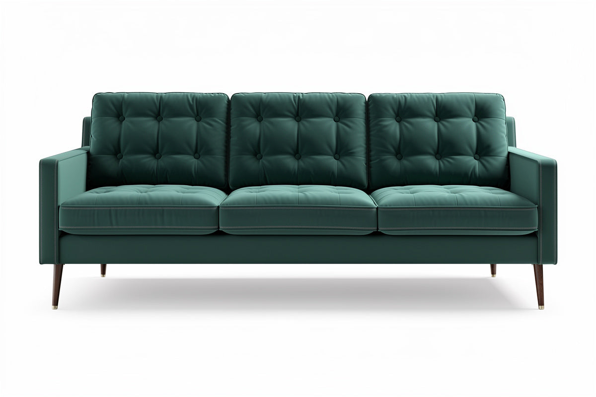 Elegantes, modernes Sofa in Petrol mit gepolsterten Kissen und Holzbeinen